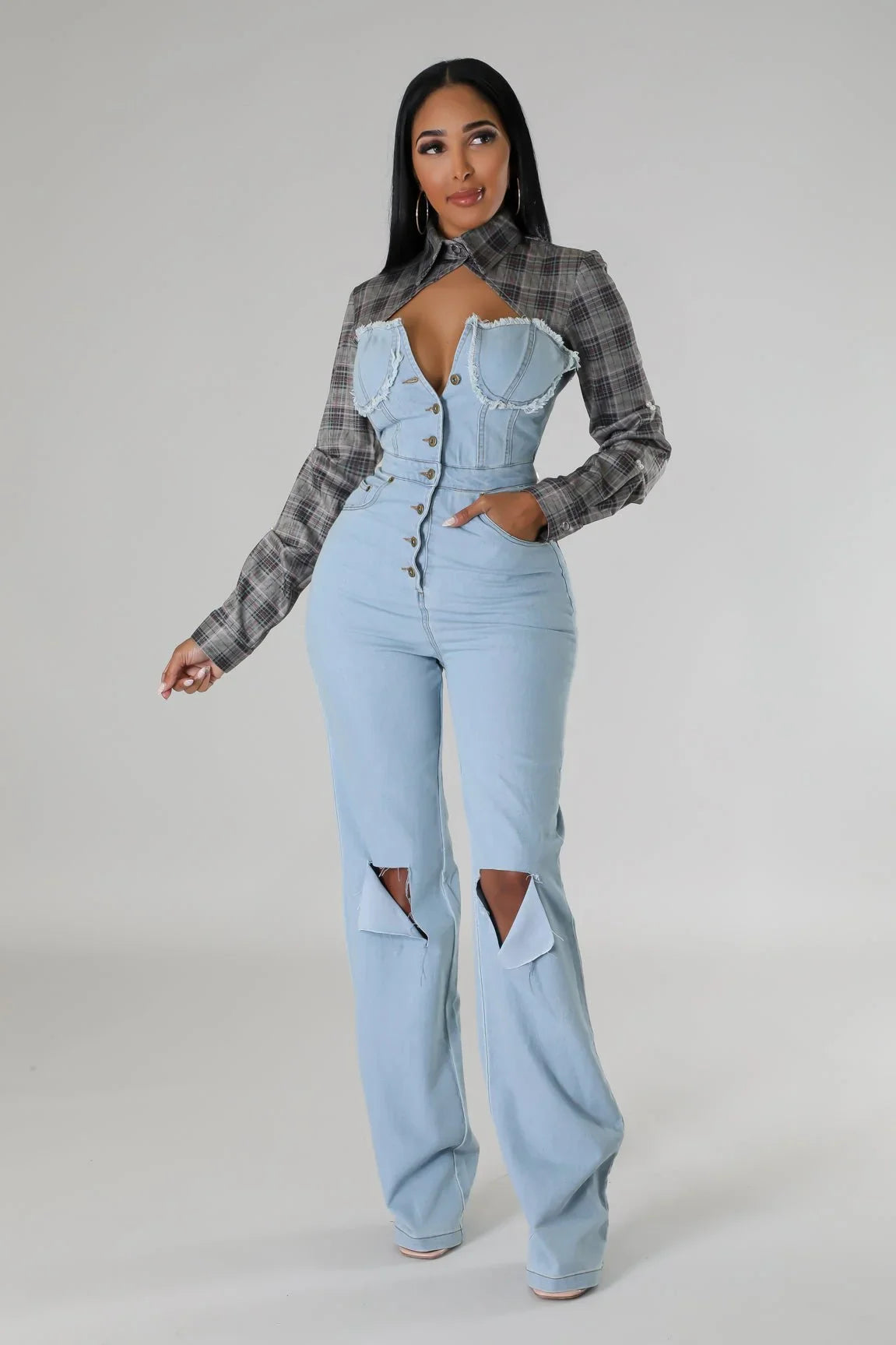 Hues Of Love Denim Jumpsuit with Stretch & Contrast Detail