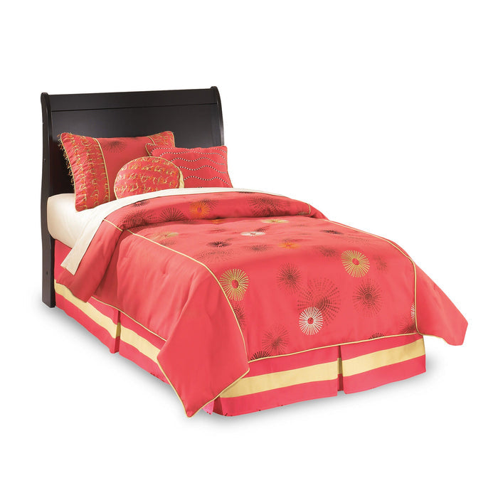 A room setting featuring Huey Vineyard Black Twin Sleigh Headboard