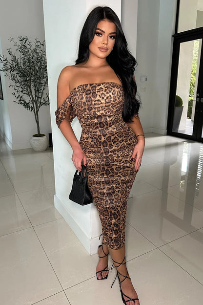 I’m Sexy Ruched Off-The Shoulder Print Midi Dress