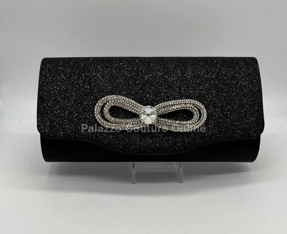 Infinity Glitter Black Bow Clutch with Rhinestone Accent