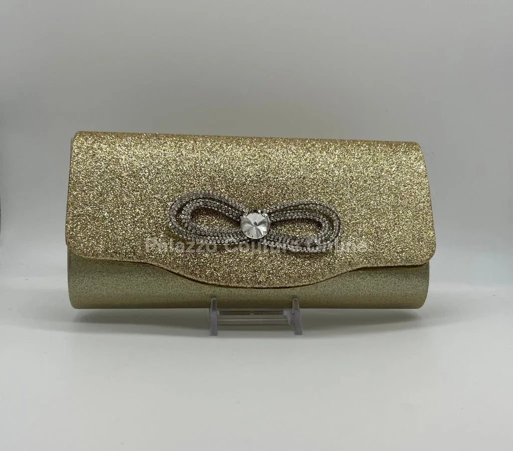 Infinity Glitter Gold Bow Clutch with Rhinestone Accent