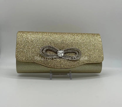 Infinity Glitter Gold Bow Clutch with Rhinestone Accent