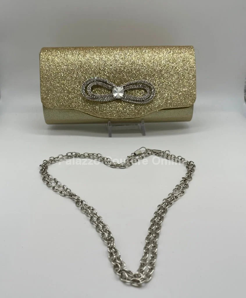 Infinity Glitter Gold Bow Clutch with Rhinestone Accent