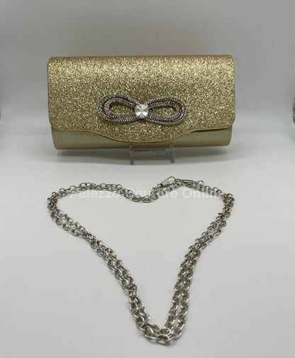 Infinity Glitter Gold Bow Clutch with Rhinestone Accent