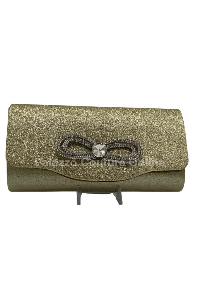 Infinity Glitter Gold Bow Clutch with Rhinestone Accent