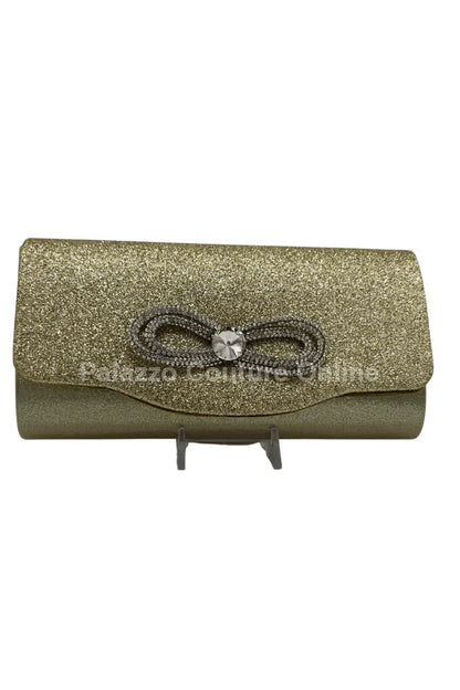 Infinity Glitter Gold Bow Clutch with Rhinestone Accent