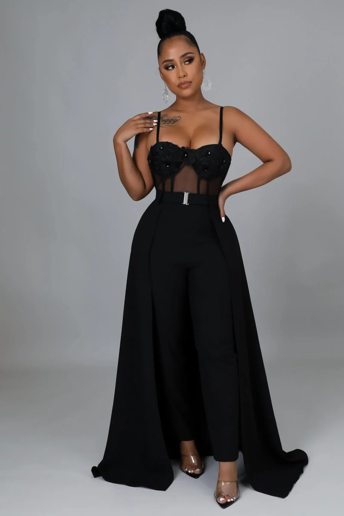 I’m So Into You Black Jumpsuit with Lace and Sheer Bodice Detail