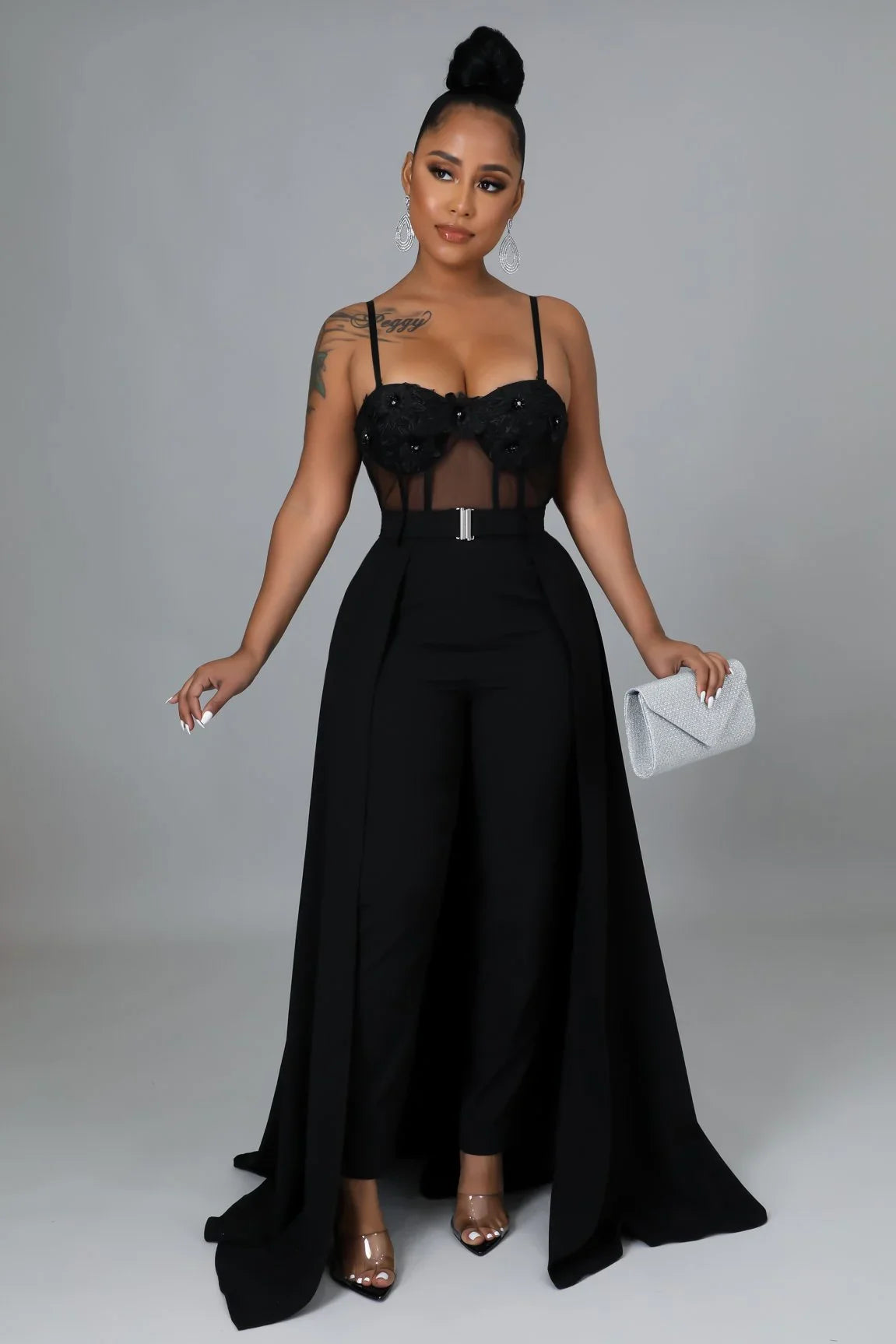 I’m So Into You Black Jumpsuit with Lace and Sheer Bodice Detail