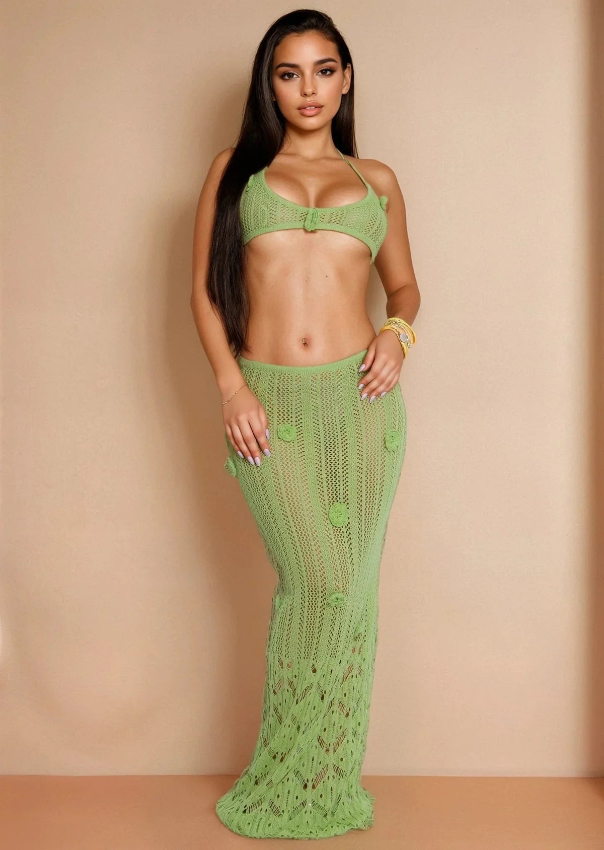 Island Bloom Knit Skirt Set- Green