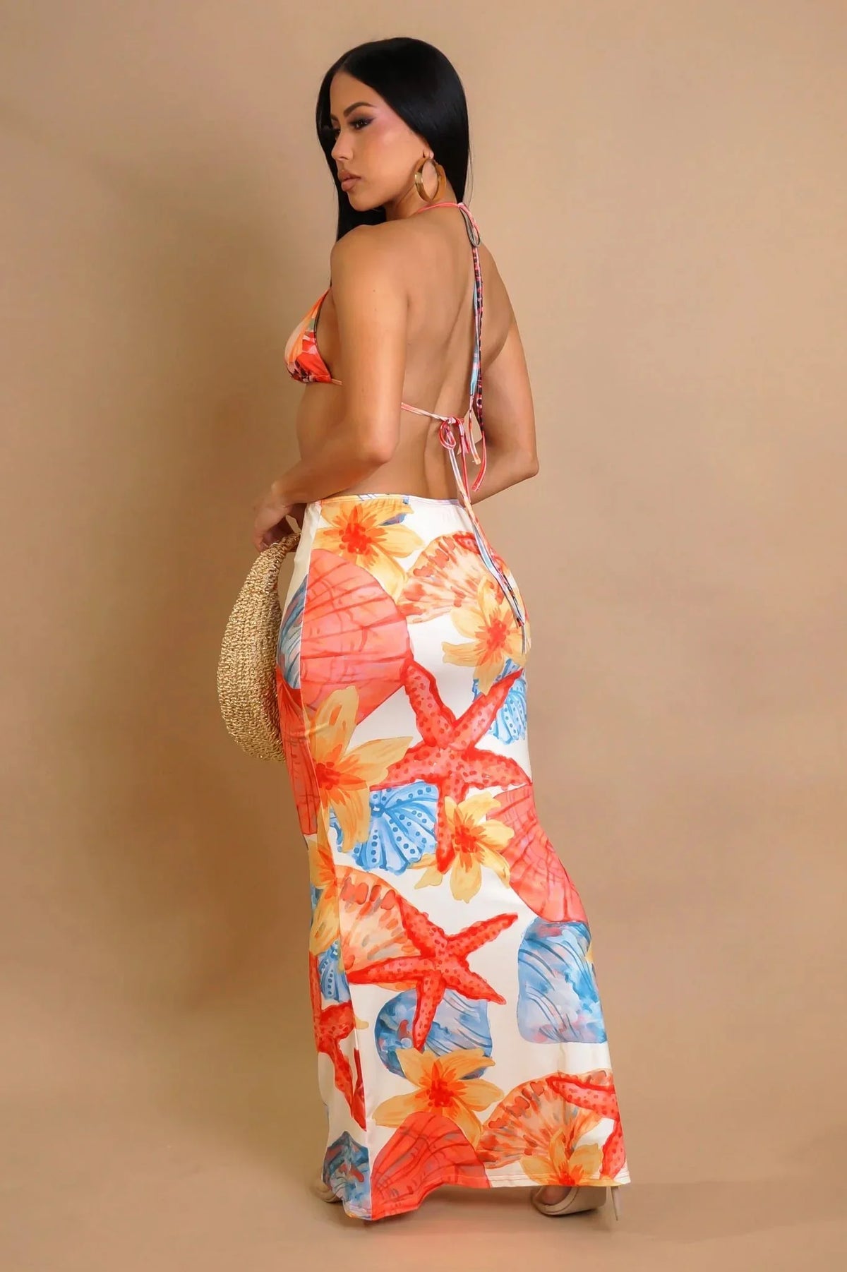 Island Flame 3-Piece Bikini & Skirt Set - Orange Multi Print