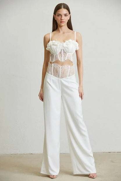 Ivory Rose Trim White Pant Set