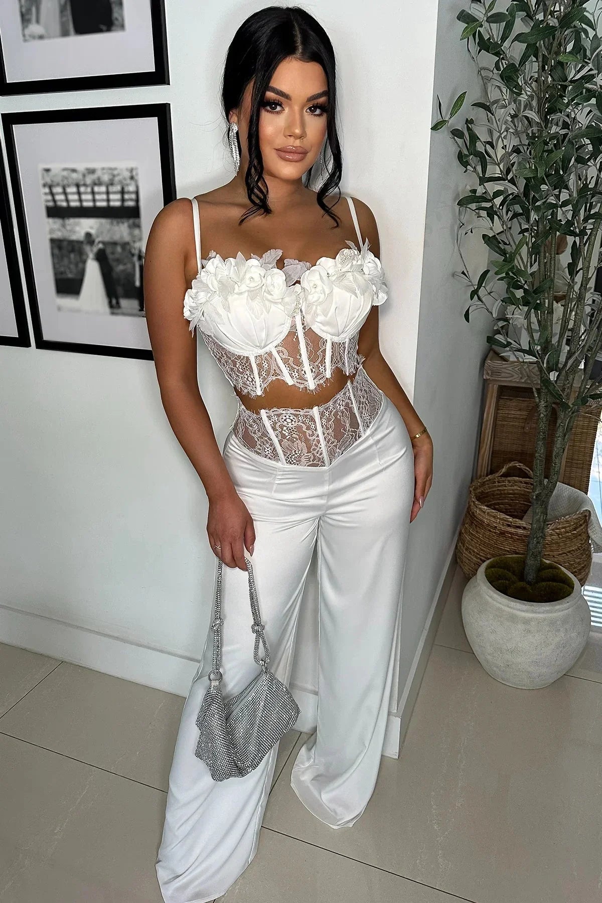Ivory Rose Trim White Pant Set