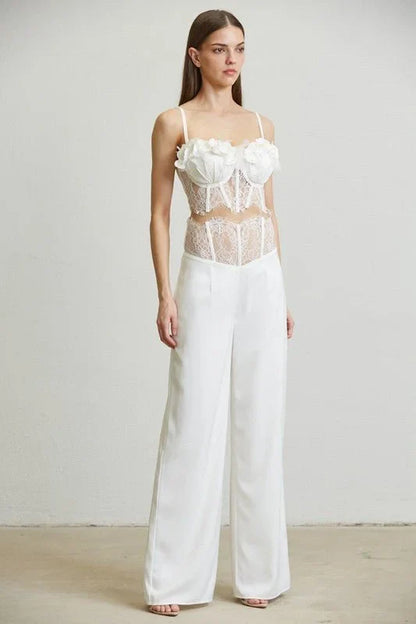 Ivory Rose Trim White Pant Set