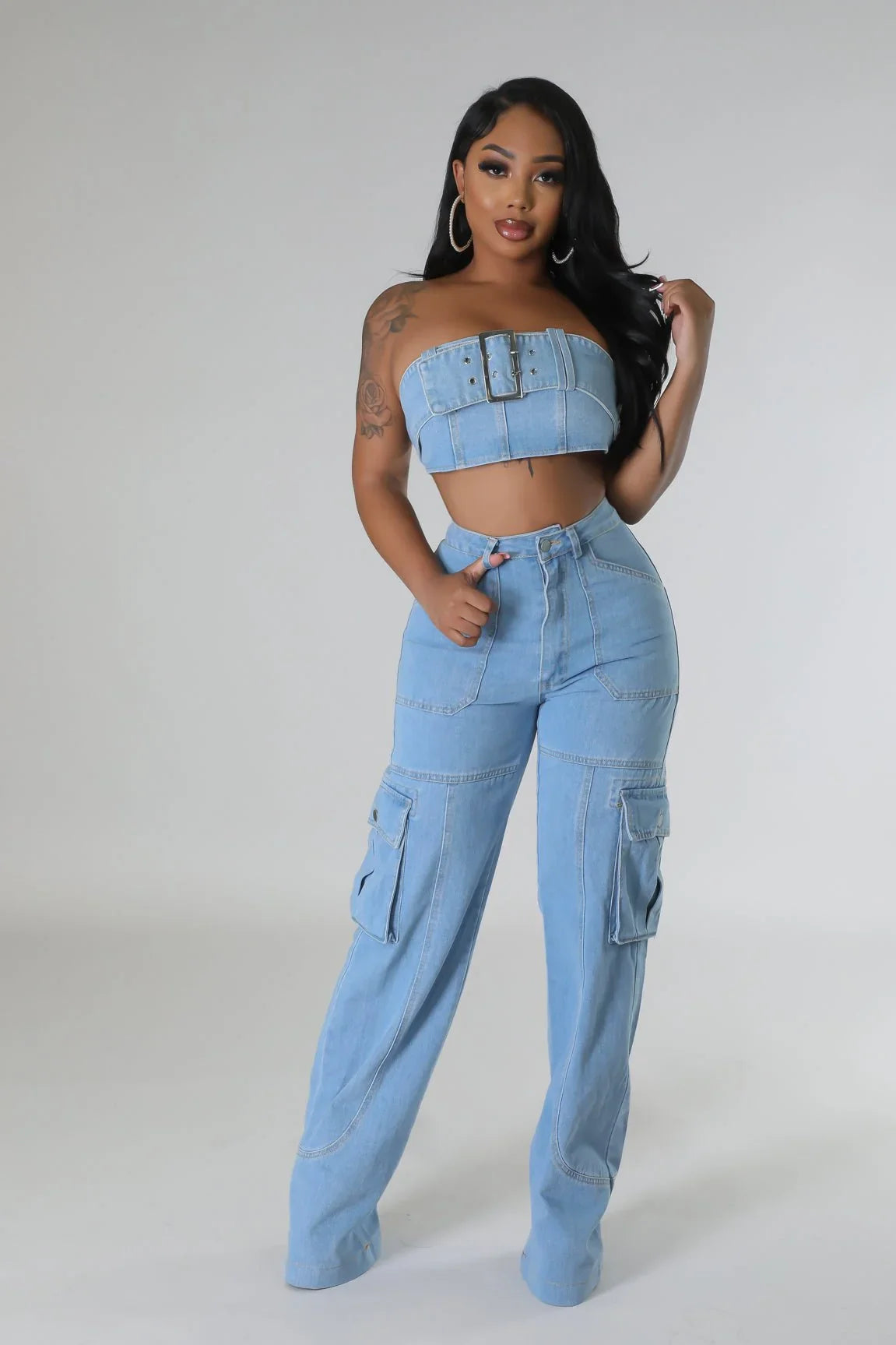 Jances Denim Pant Set with Tube Top and High-Waist Jeans