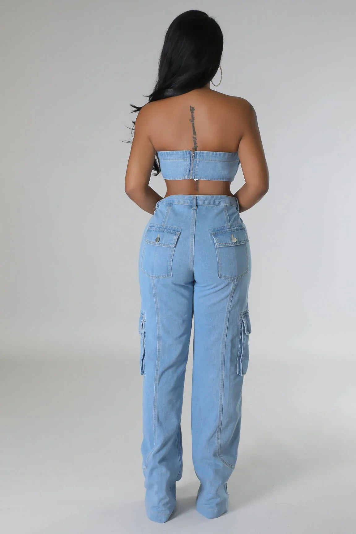 Jances Denim Pant Set with Tube Top and High-Waist Jeans