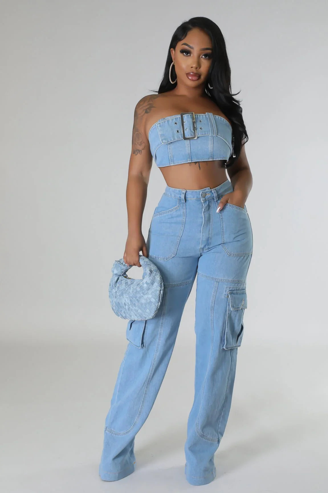 Jances Denim Pant Set with Tube Top and High-Waist Jeans