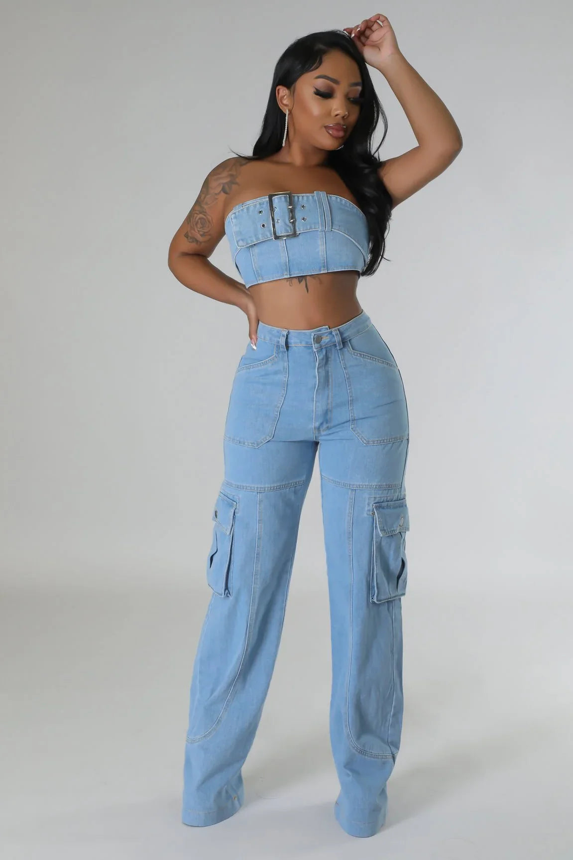 Jances Denim Pant Set with Tube Top and High-Waist Jeans
