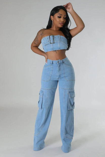 Jances Denim Pant Set with Tube Top and High-Waist Jeans