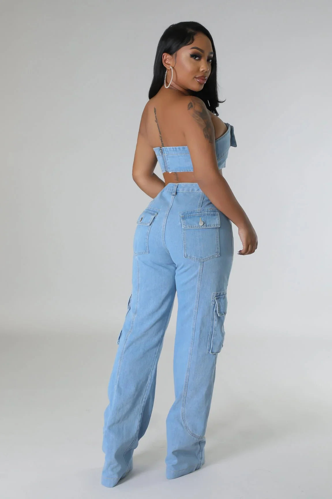 Jances Denim Pant Set with Tube Top and High-Waist Jeans