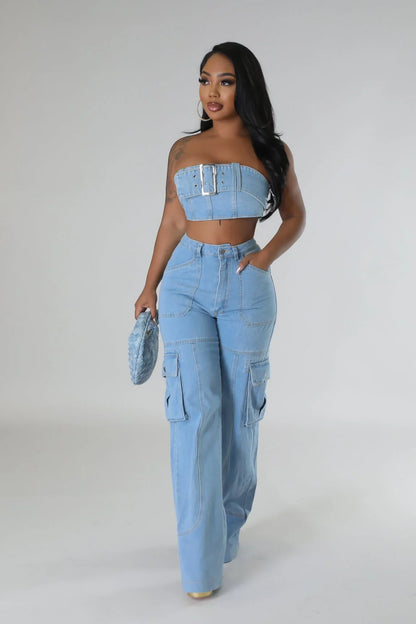Jances Denim Pant Set with Tube Top and High-Waist Jeans