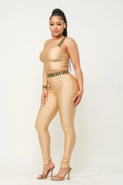 Jeressa Mocha Legging Set with One Sleeve Crop Top