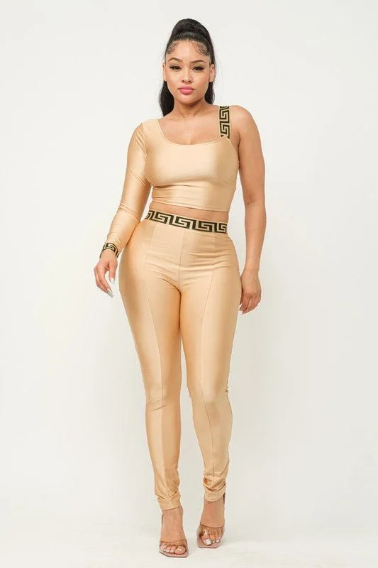 Jeressa Mocha Legging Set with One Sleeve Crop Top