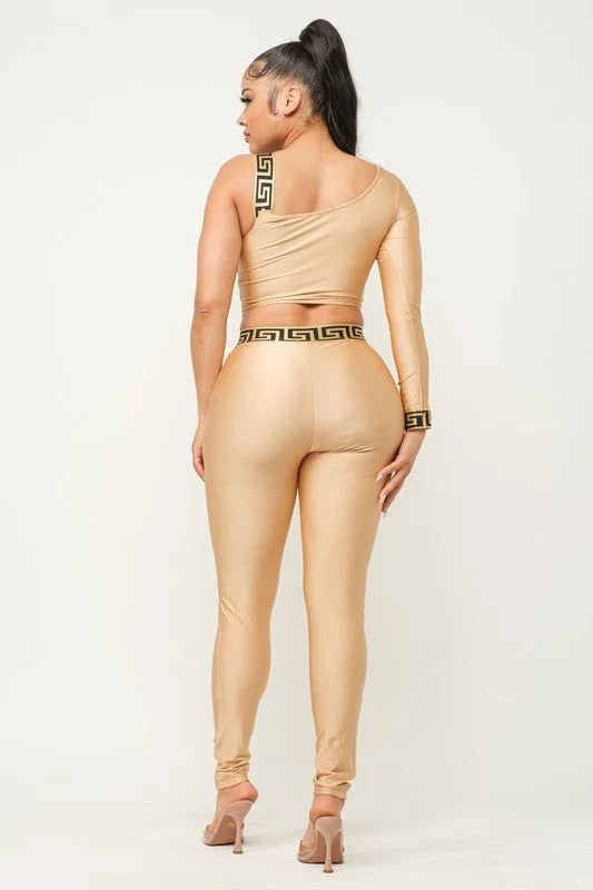 Jeressa Mocha Legging Set with One Sleeve Crop Top