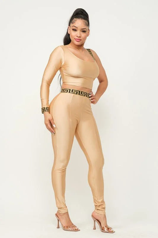 Jeressa Mocha Legging Set with One Sleeve Crop Top