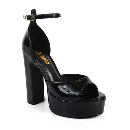 Josy-13 Black Platform Heels with Ankle Strap and Block Heel