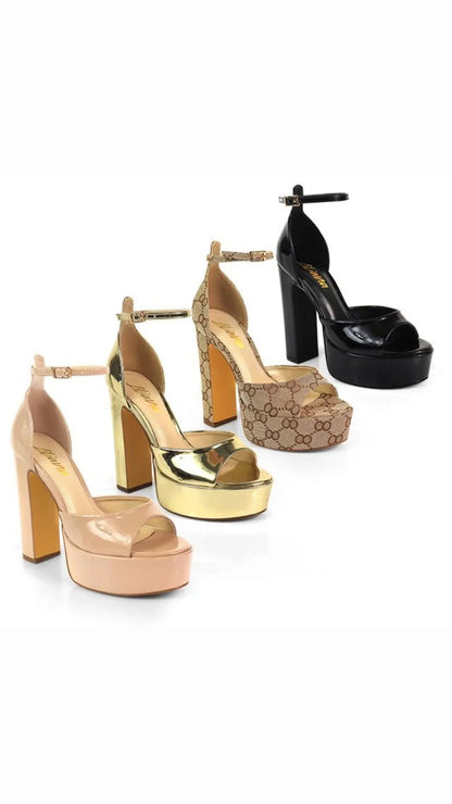 Josy-13 Gold Platform Heels with Ankle Strap and Block Heel