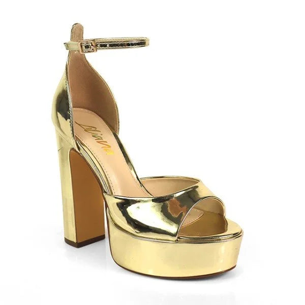 Josy-13 Gold Platform Heels with Ankle Strap and Block Heel