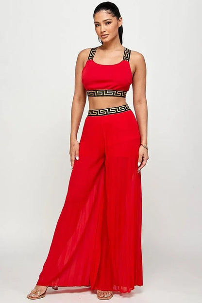Kalira Red Palazzo Set with Banded Tank Top