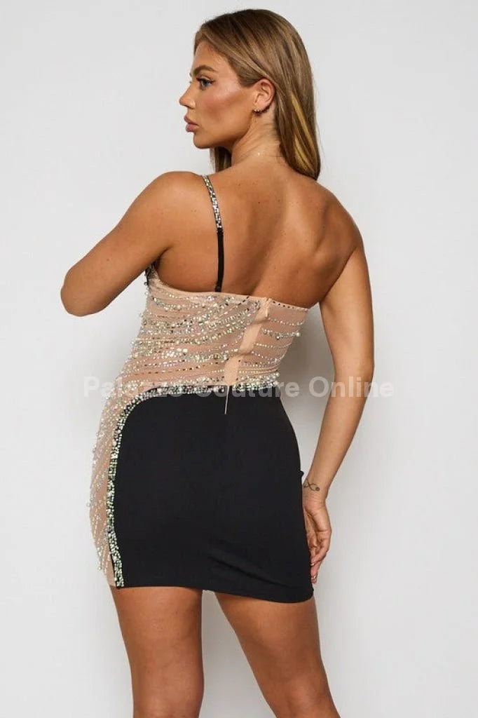 Karla Rhinestone/ Pearl Stud  Mini Dress (Black)