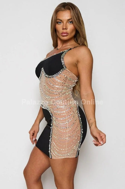 Karla Rhinestone/ Pearl Stud  Mini Dress (Black)
