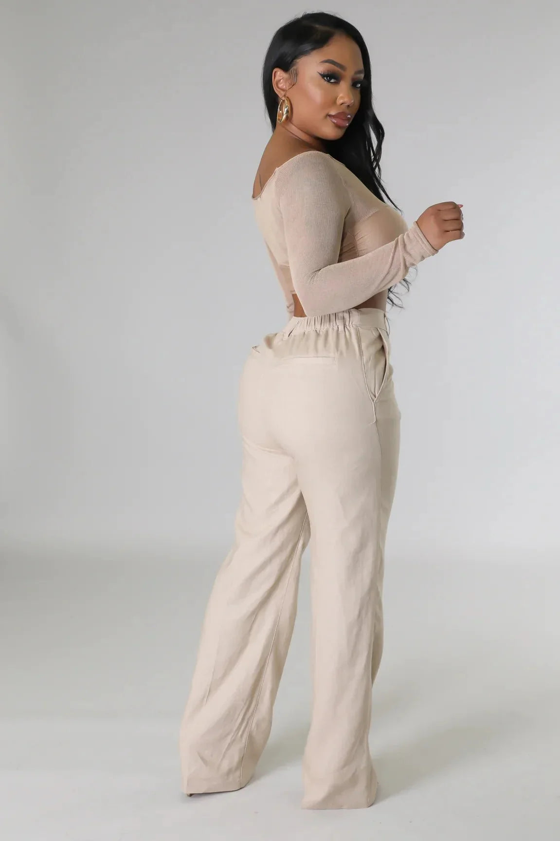 Khloie Taupe Crop Top with Sheer Long Sleeves