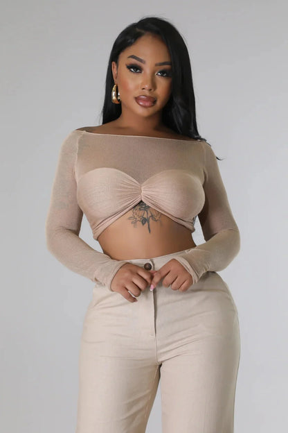 Khloie Taupe Crop Top with Sheer Long Sleeves