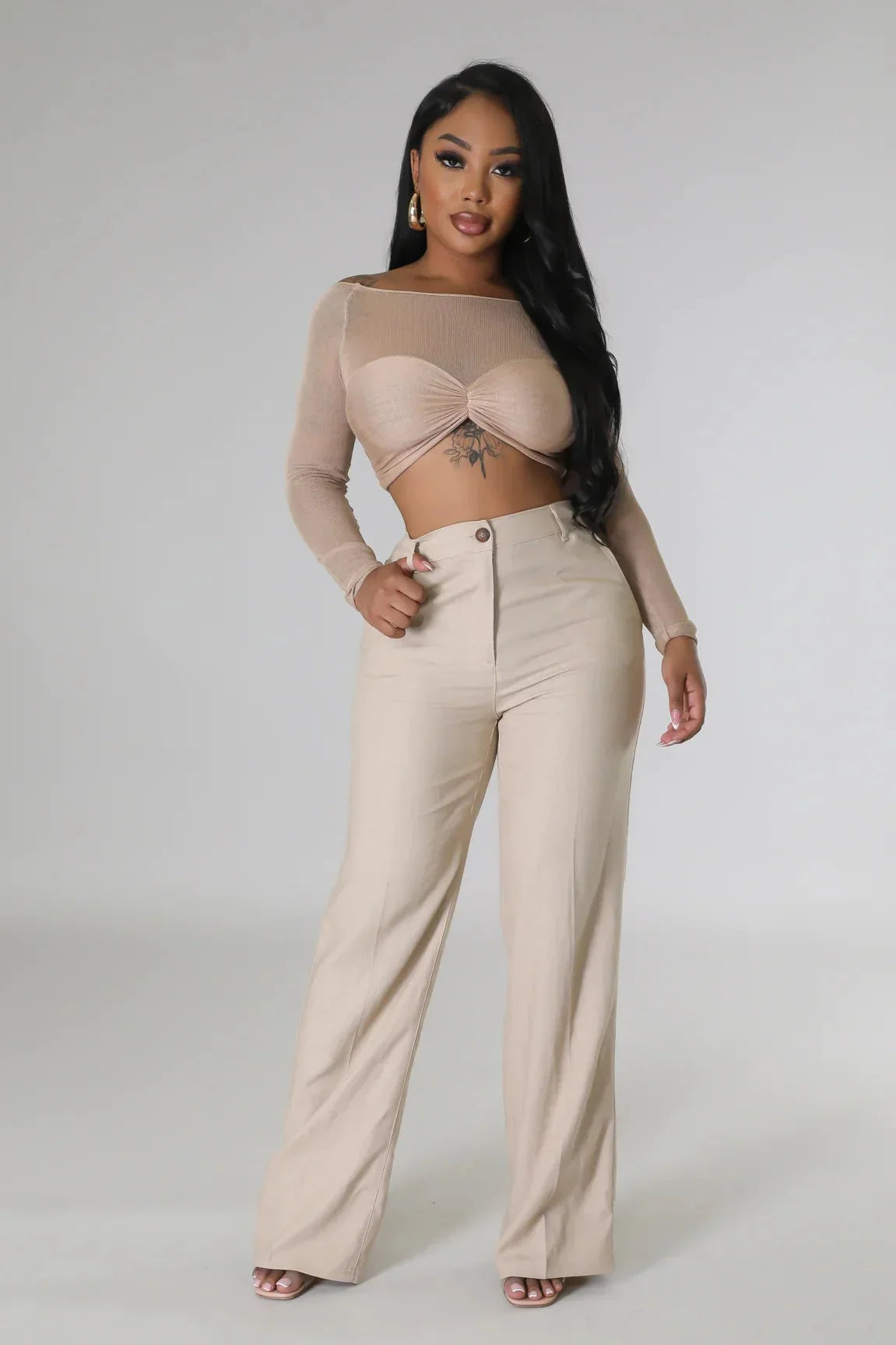 Khloie Taupe Crop Top with Sheer Long Sleeves