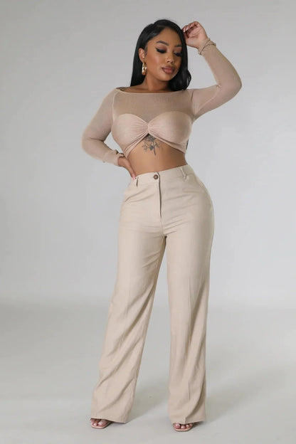 Khloie Taupe Crop Top with Sheer Long Sleeves