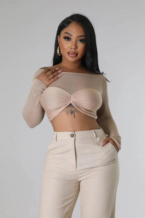 Khloie Taupe Crop Top with Sheer Long Sleeves