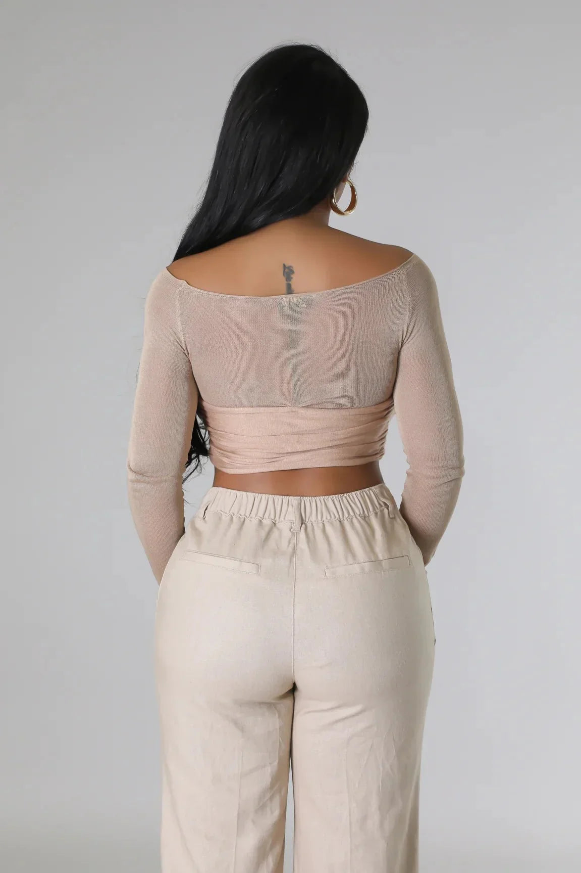 Khloie Taupe Crop Top with Sheer Long Sleeves