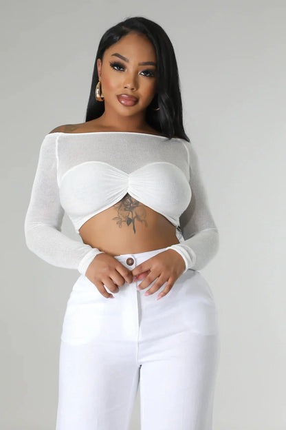 Khloie White Crop Top with Sheer Long Sleeves