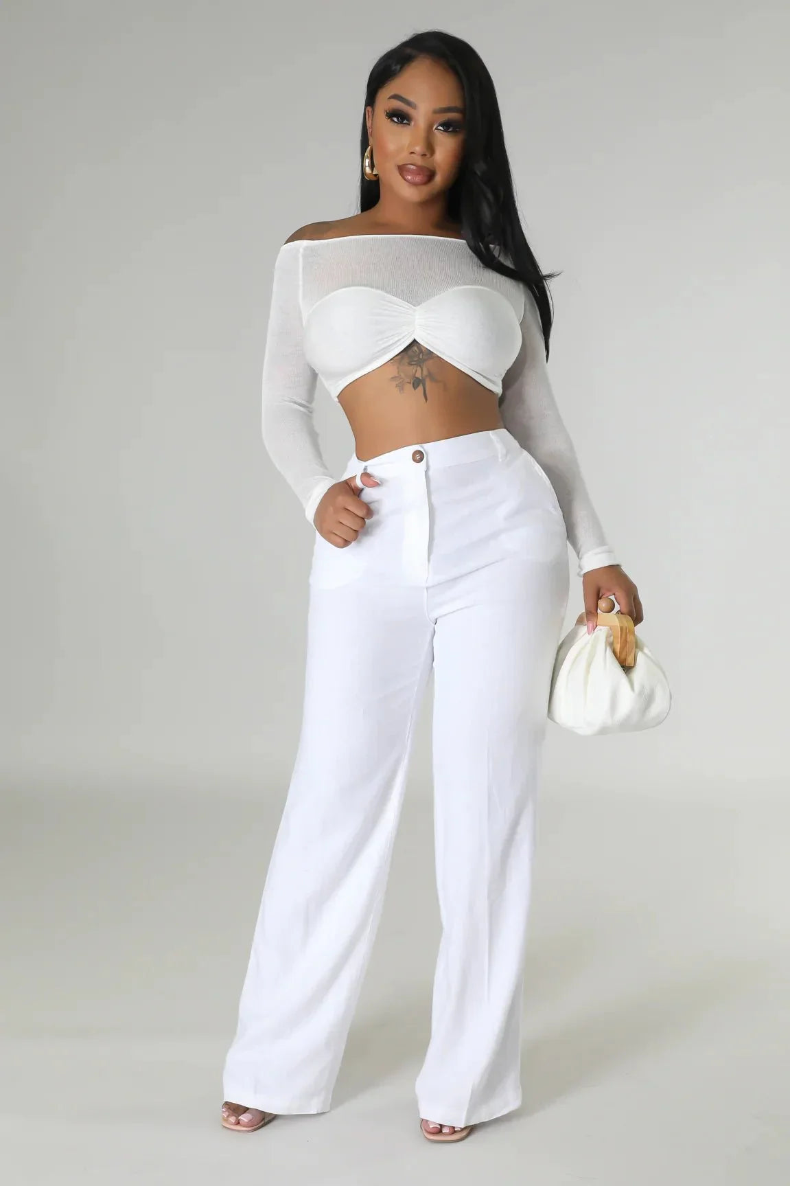 Khloie White Crop Top with Sheer Long Sleeves