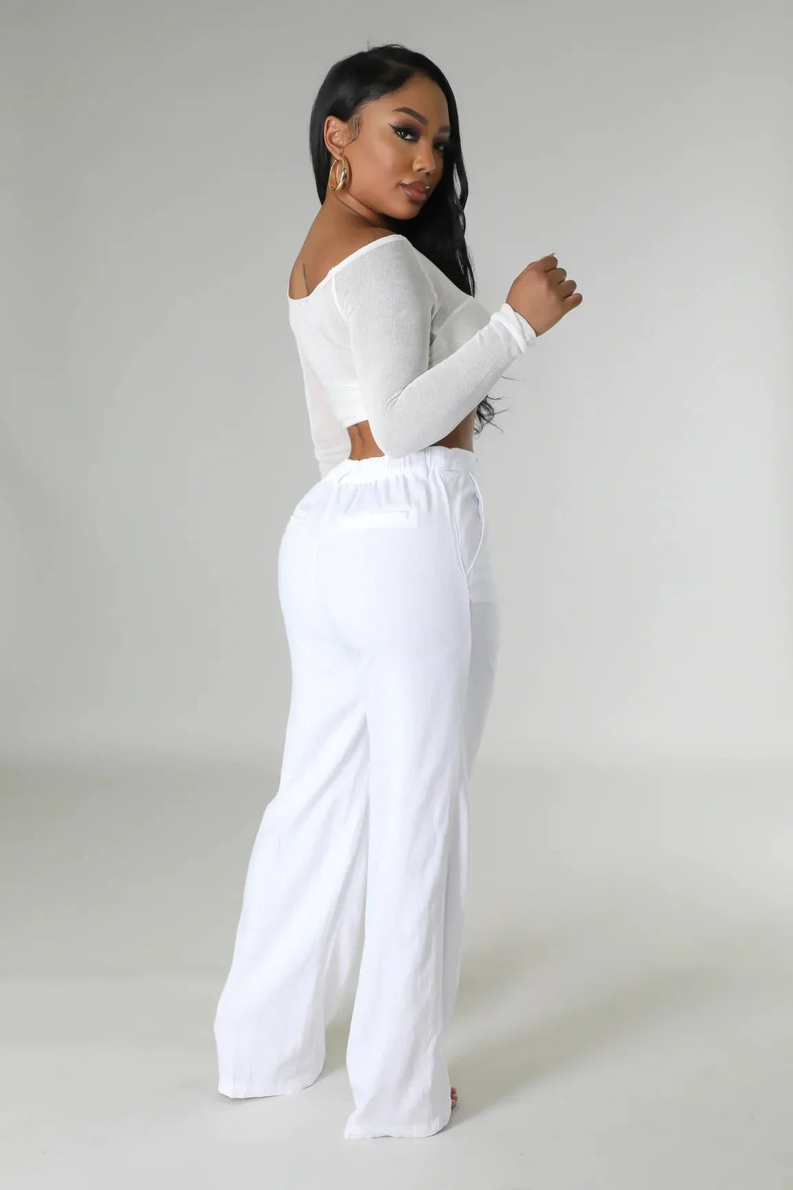 Khloie White Crop Top with Sheer Long Sleeves