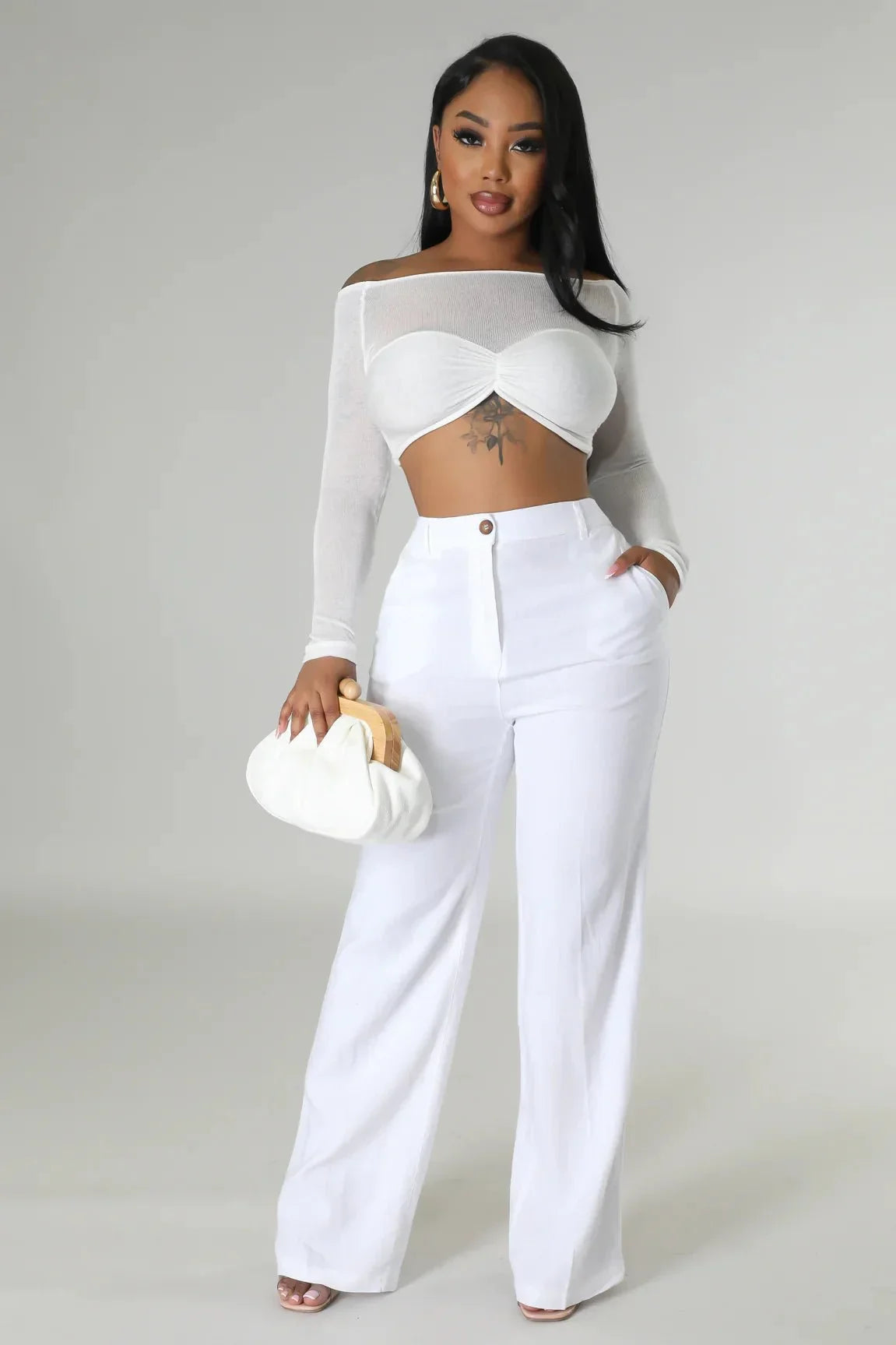 Khloie White Crop Top with Sheer Long Sleeves