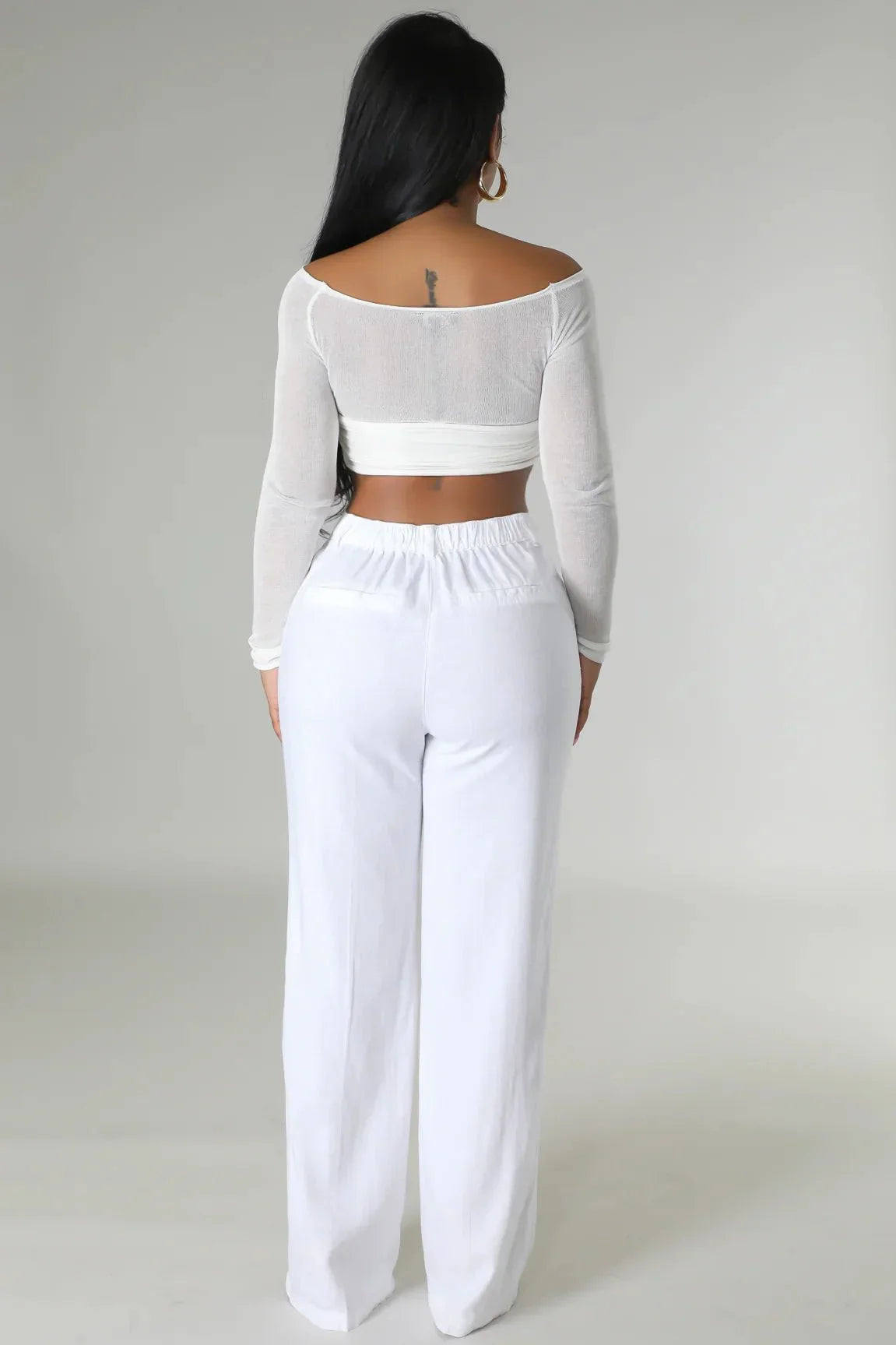 Khloie White Crop Top with Sheer Long Sleeves