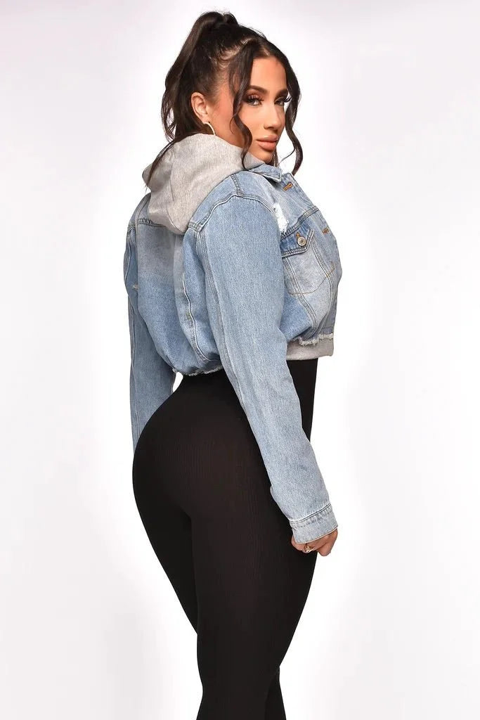 2 of a Kind Denim Jacket with Hoodie and Distressed Details