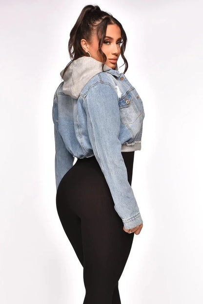 2 of a Kind Denim Jacket with Hoodie and Distressed Details