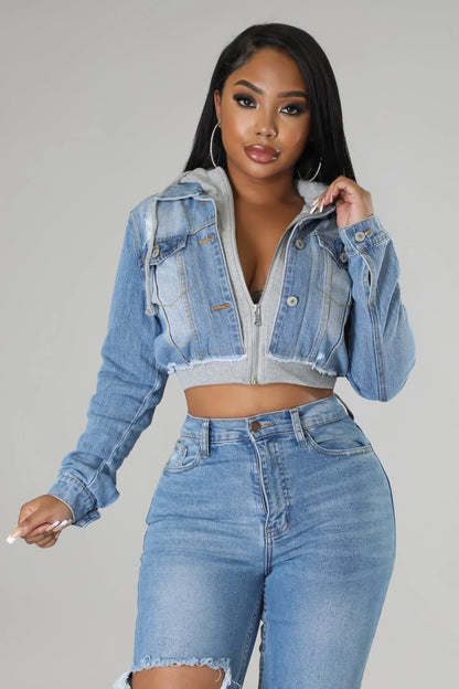 2 of a Kind Denim Jacket with Hoodie and Distressed Details