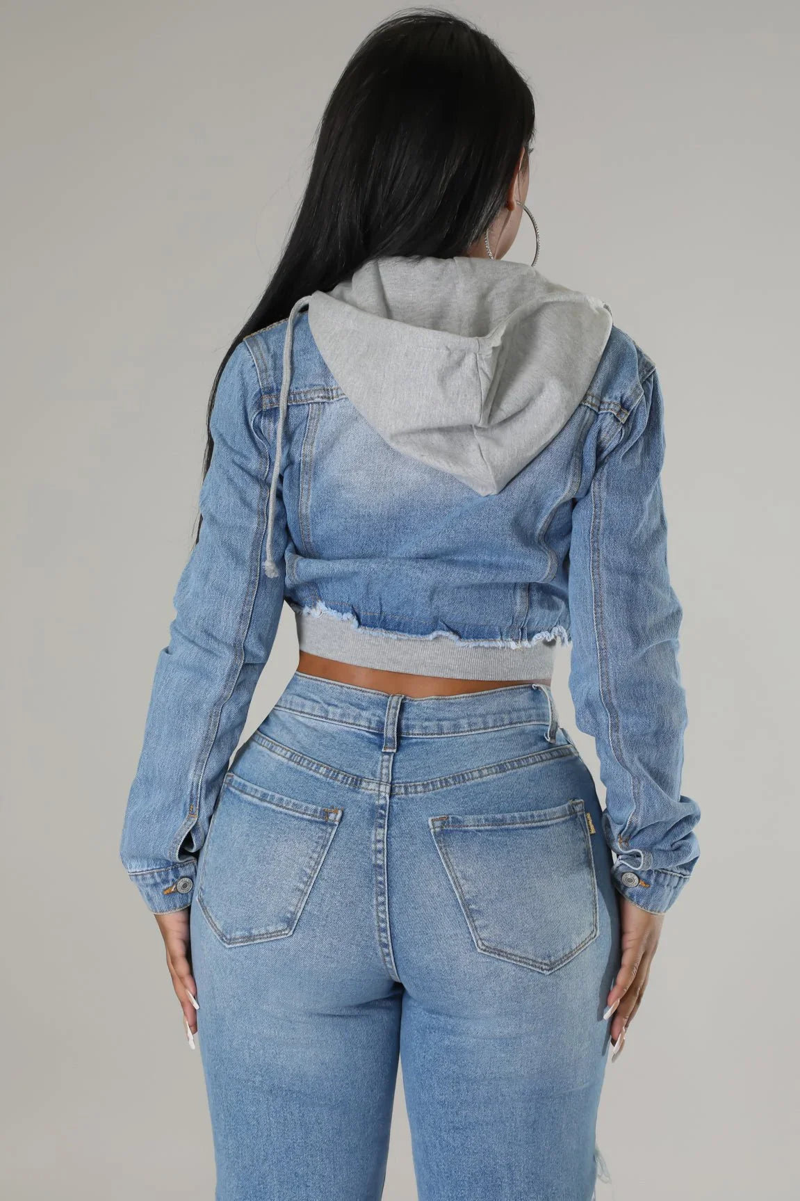 2 of a Kind Denim Jacket with Hoodie and Distressed Details