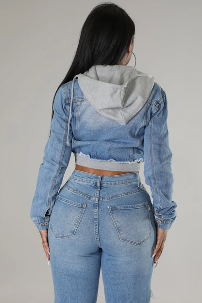2 of a Kind Denim Jacket with Hoodie and Distressed Details